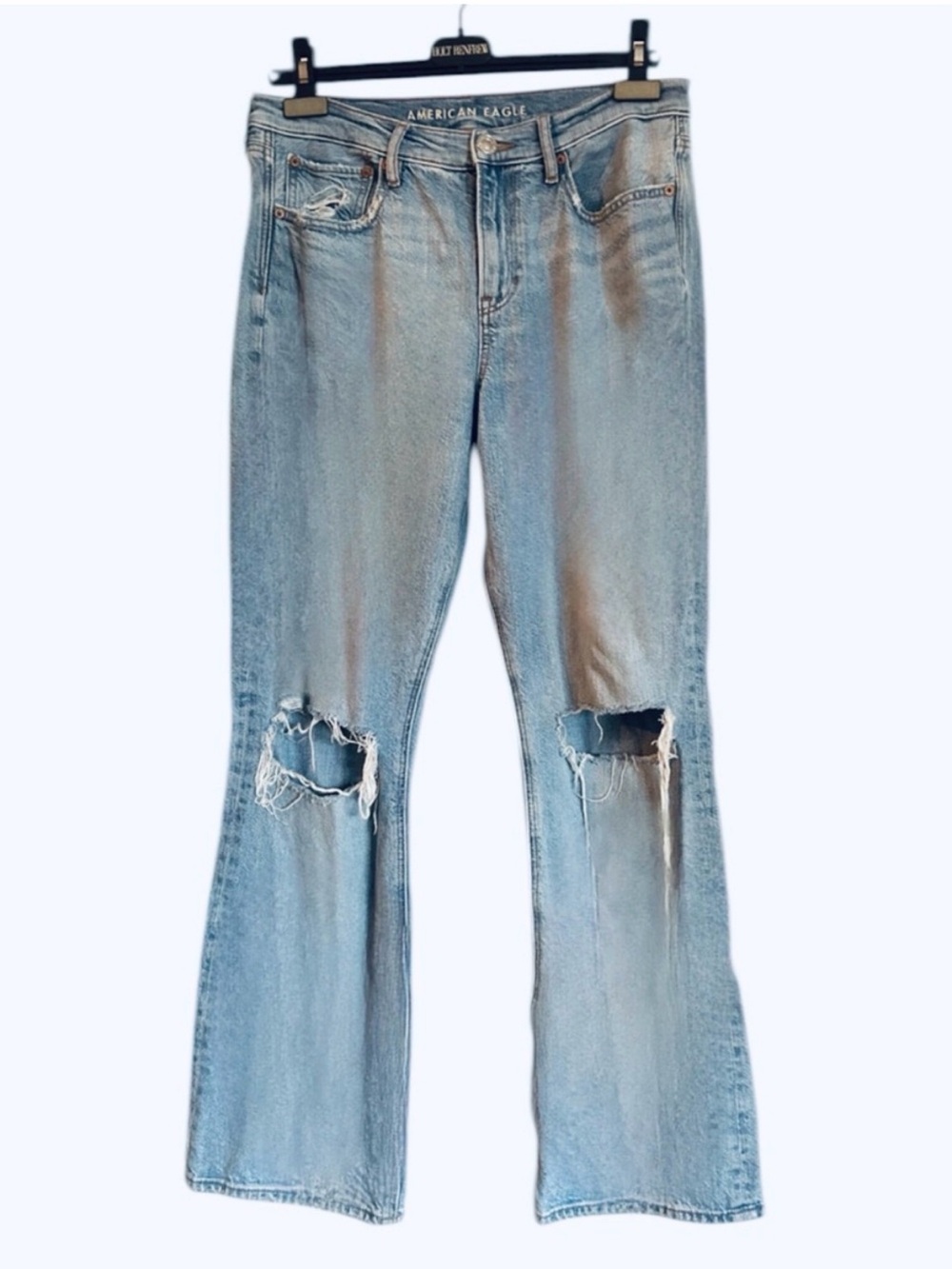 American Eagle, High-Rise Light Wash Distressed Straight-Leg Jeans - Light Blue - Picture 3 of 9